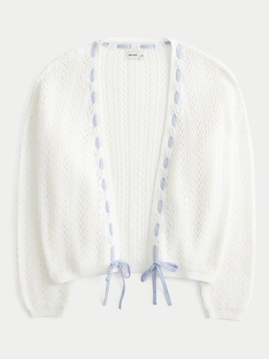 Hollister Sweaters - Hollister White Openwork Knit Cardigan with Light Blue Ribbon Ties